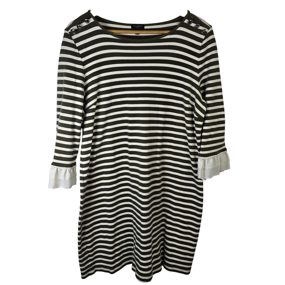 Talbots Petites XL Striped Knit‎ Dress 3/4 Sleeve Ruffle Cuff Shoulder Button
